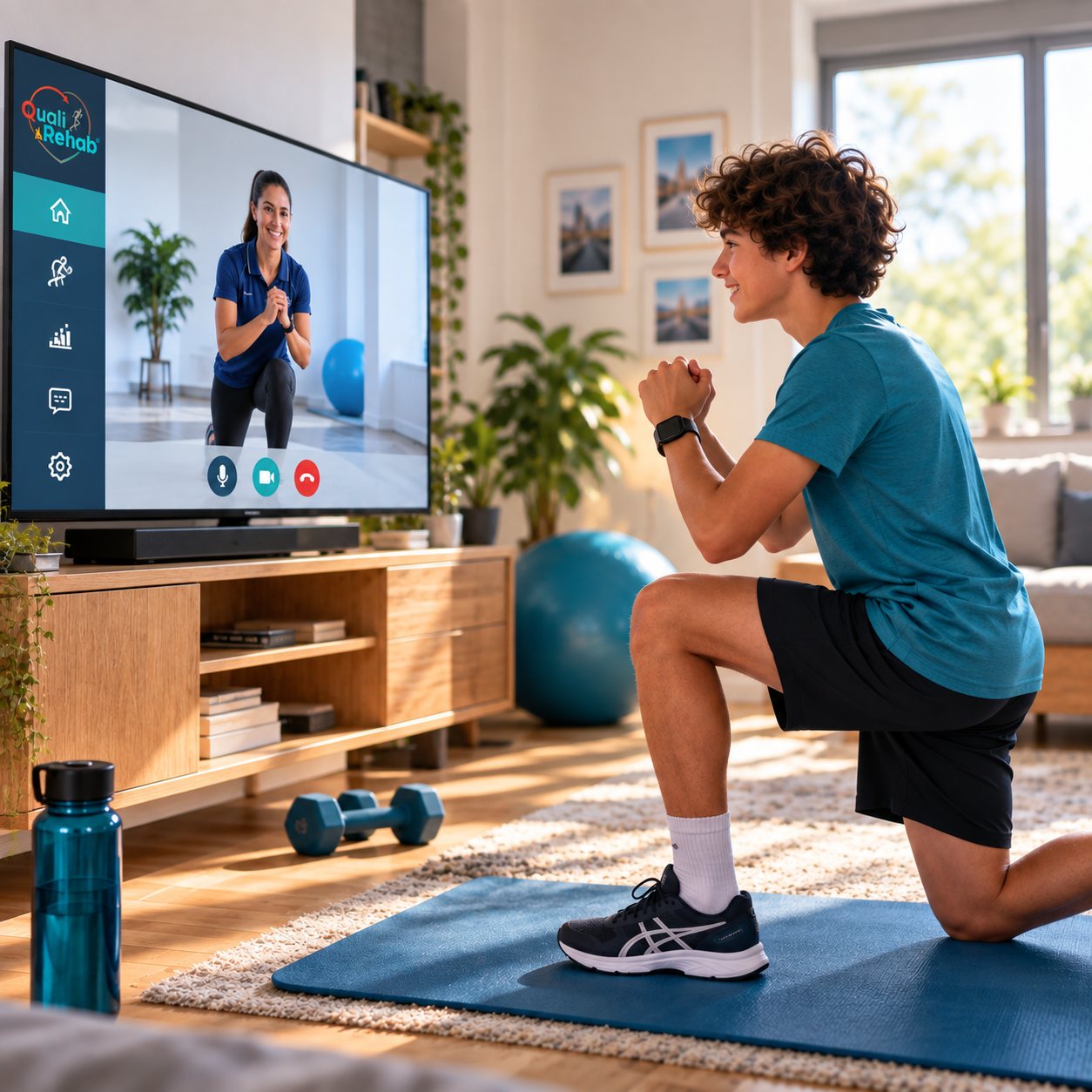 A teenager doing a lunge on a mat at home while following a coach on a TV video call