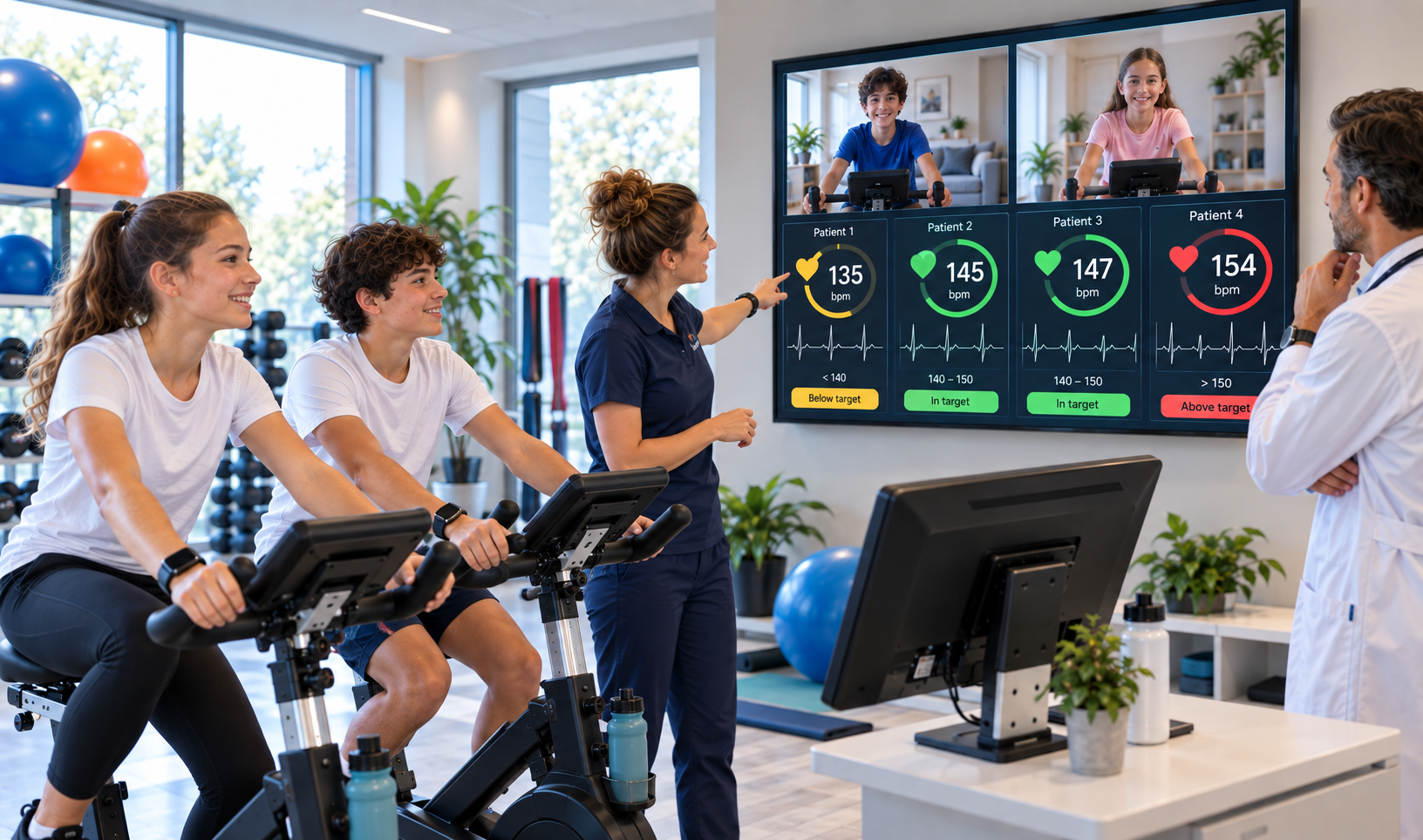 Children training on exercise bikes while a trainer and a doctor watch their heart-rate data on a screen