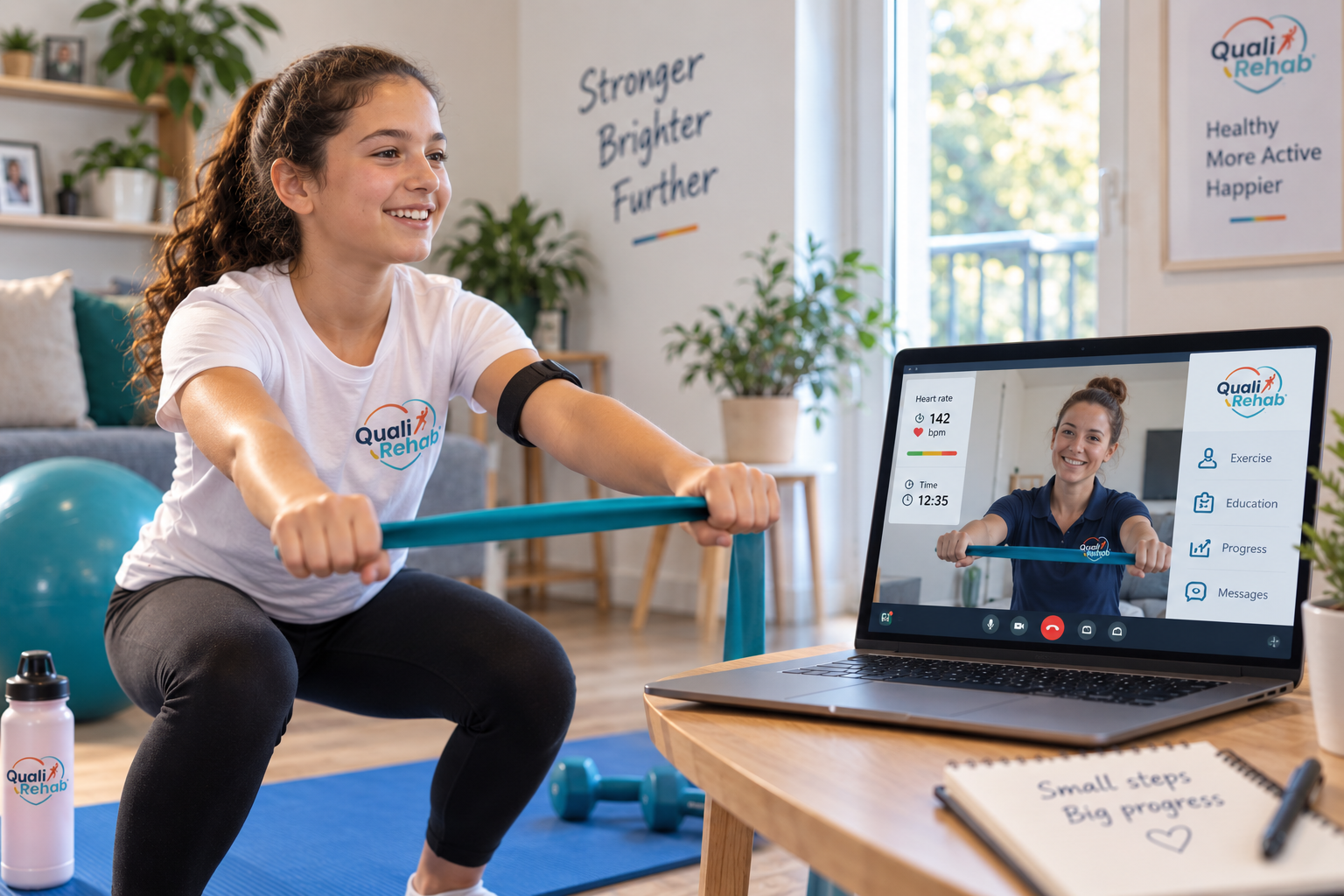 A girl exercising with a resistance band at home during a video-call session
