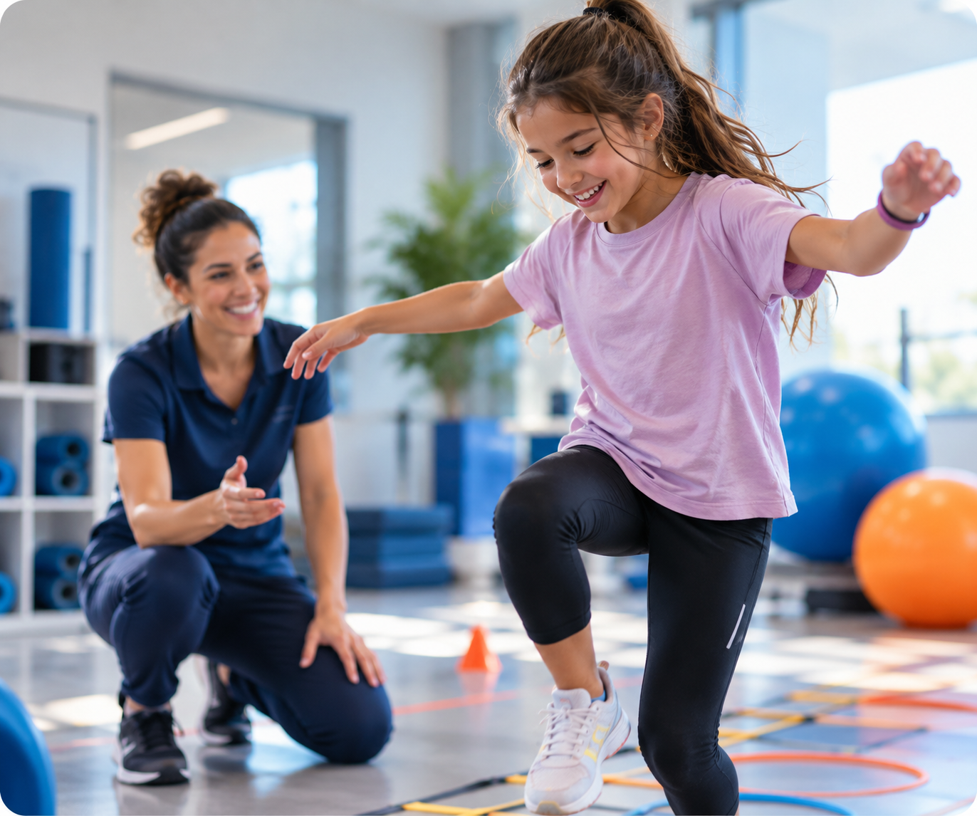 A girl doing an agility exercise on the floor while a therapist crouches beside her, encouraging her